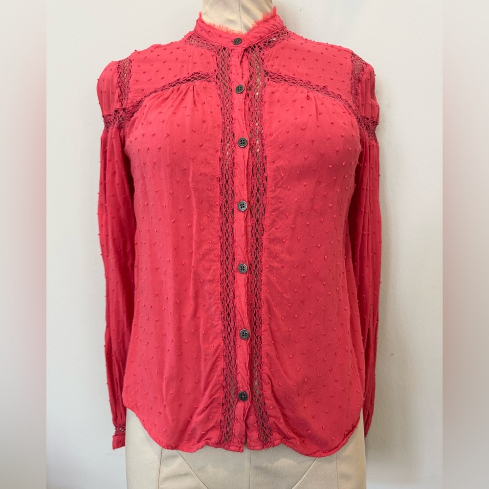 Free People Orange Bohemian Long Sleeve Button Up Blouse Top Plumeti Lace XS